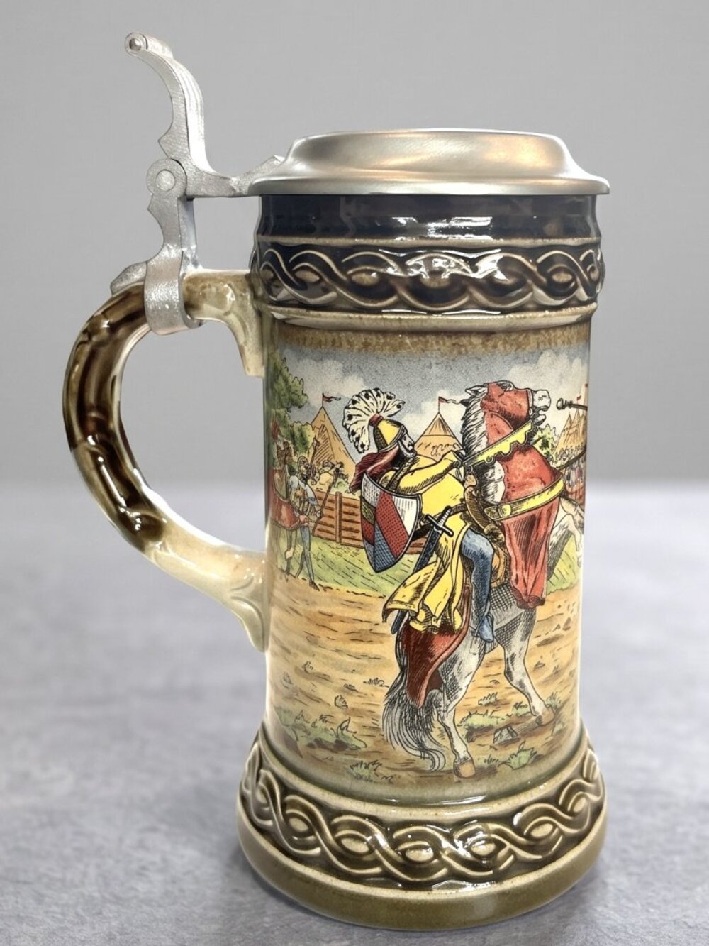 Vintage Staffel W Germany English Jousters Pewter Lid Beer Stein 7”